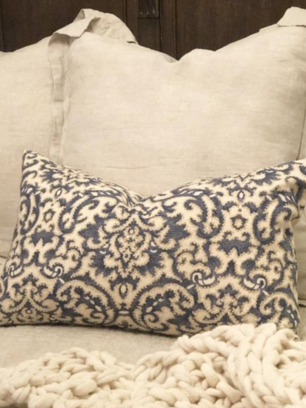 Pottery Barn Blue and Cream Damask Lumbar Pillow